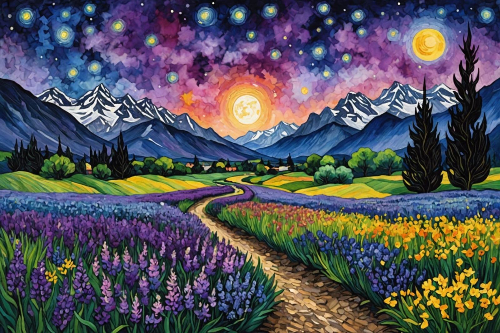 Starry Gothic Field: A Colorful Watercolor Painting