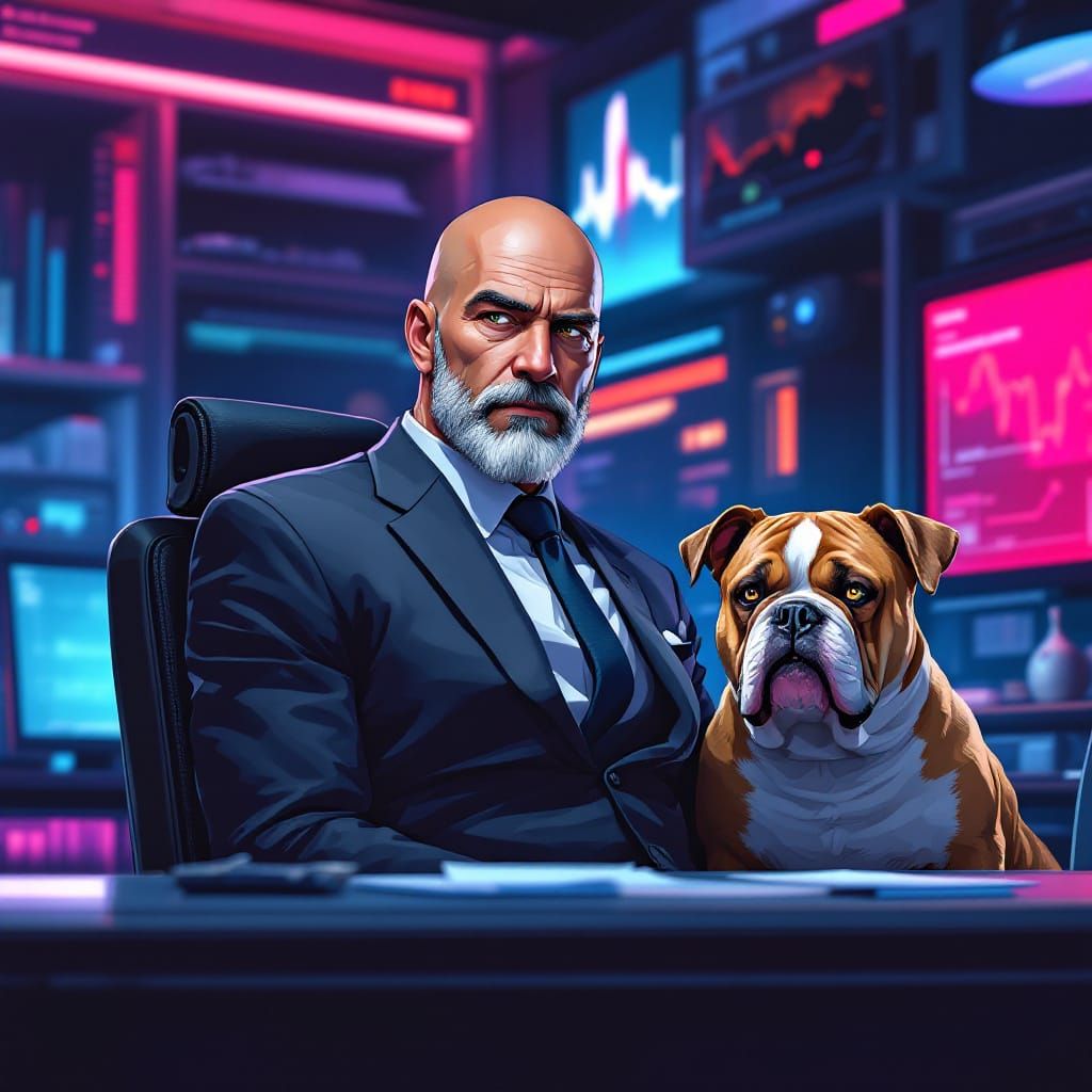Cyberpunk Lawyer with Bulldog in Futuristic Office
