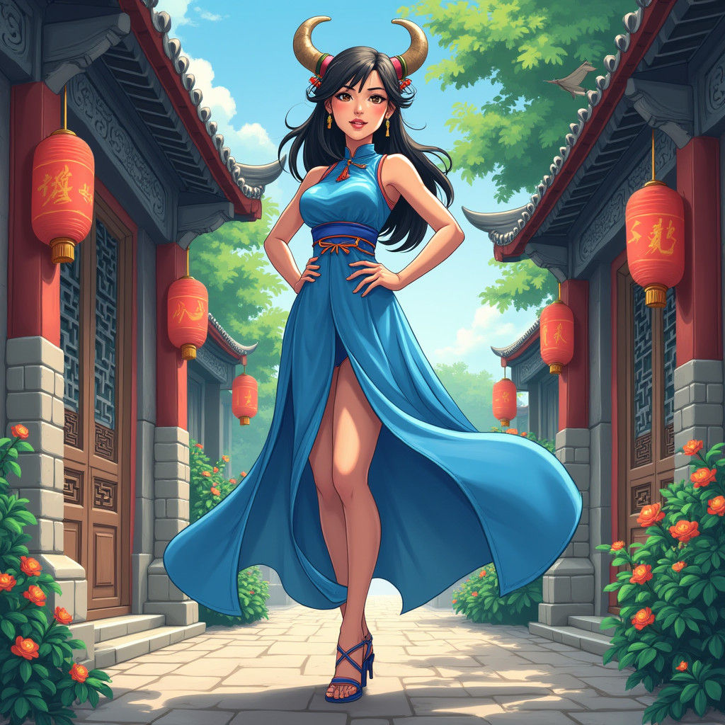 Chun Li in Anime Style Courtyard