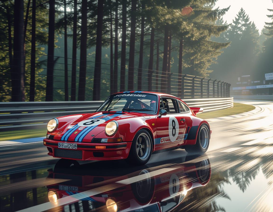 Porsche RSR Speeds Wet Le Mans Track in Abstract Geometric S...