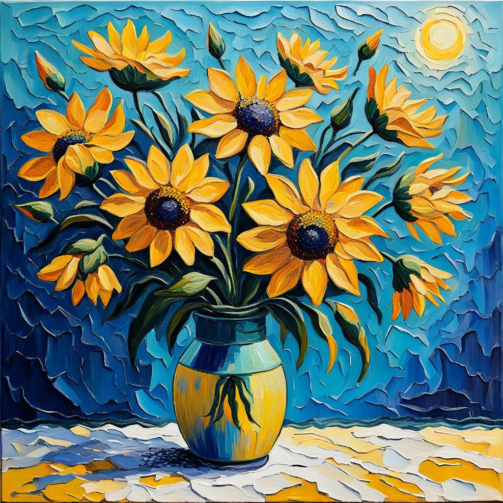 Expressionist Flowers in Yellow Sunlight, Oil Painting