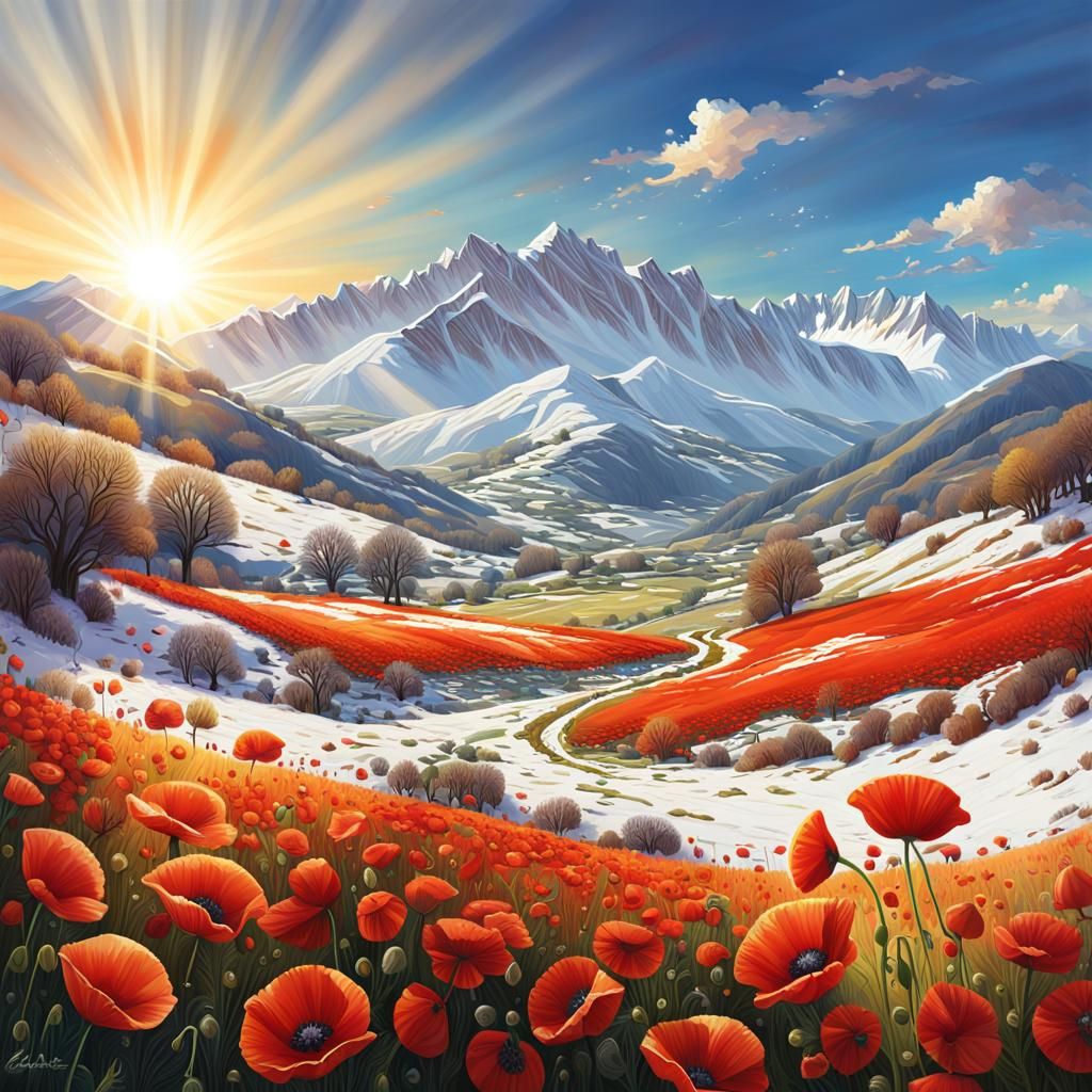 Poppy Fields with Pyrenees, Hyperrealistic Digital Art
