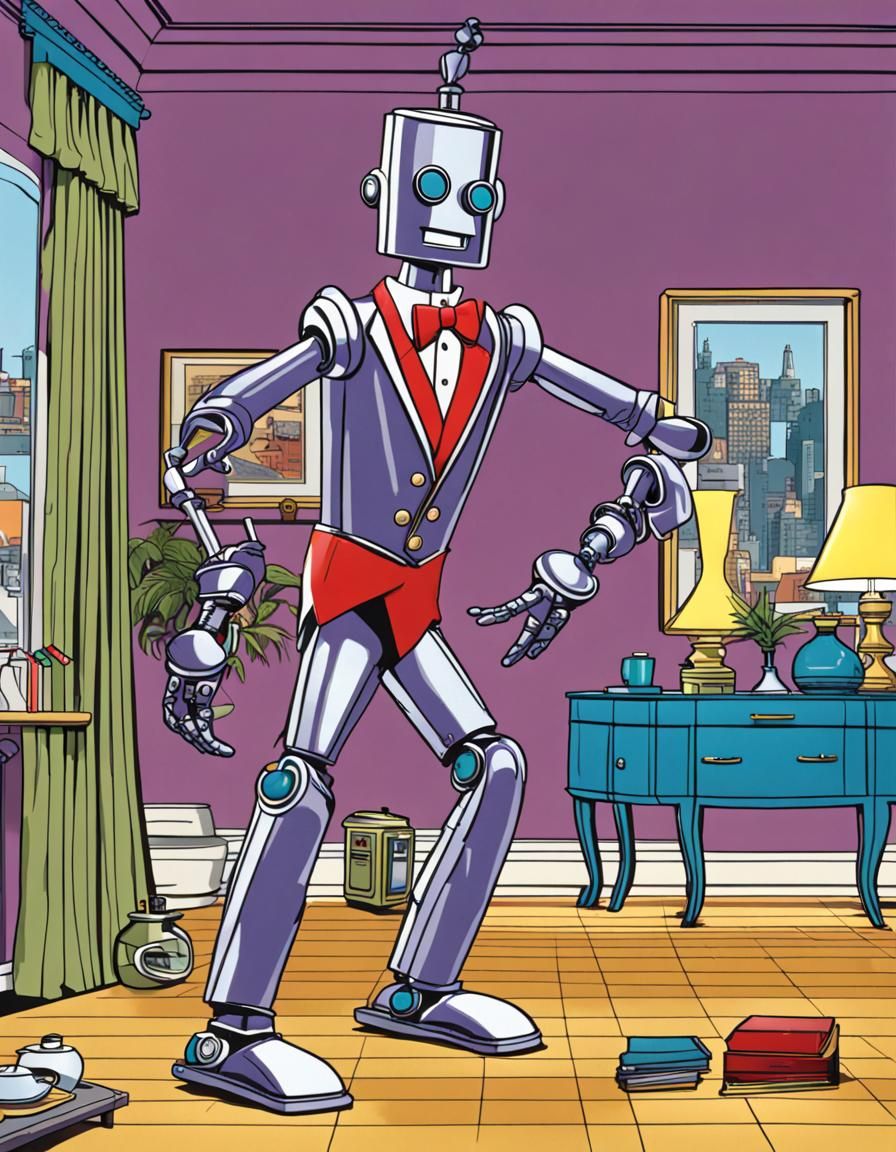 Robot Butler Breakdancing in Cartoon Style
