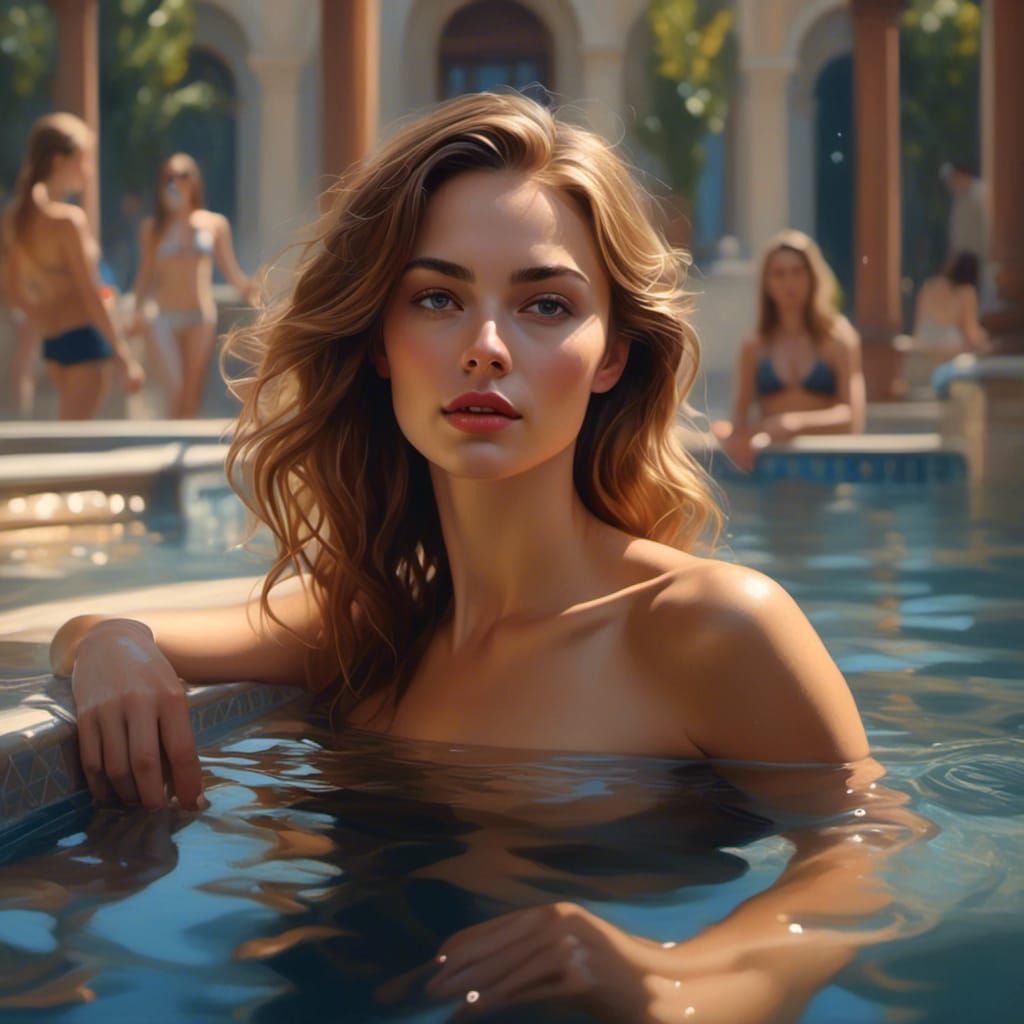 Photorealistic Portrait of Woman in Swimming Pool
