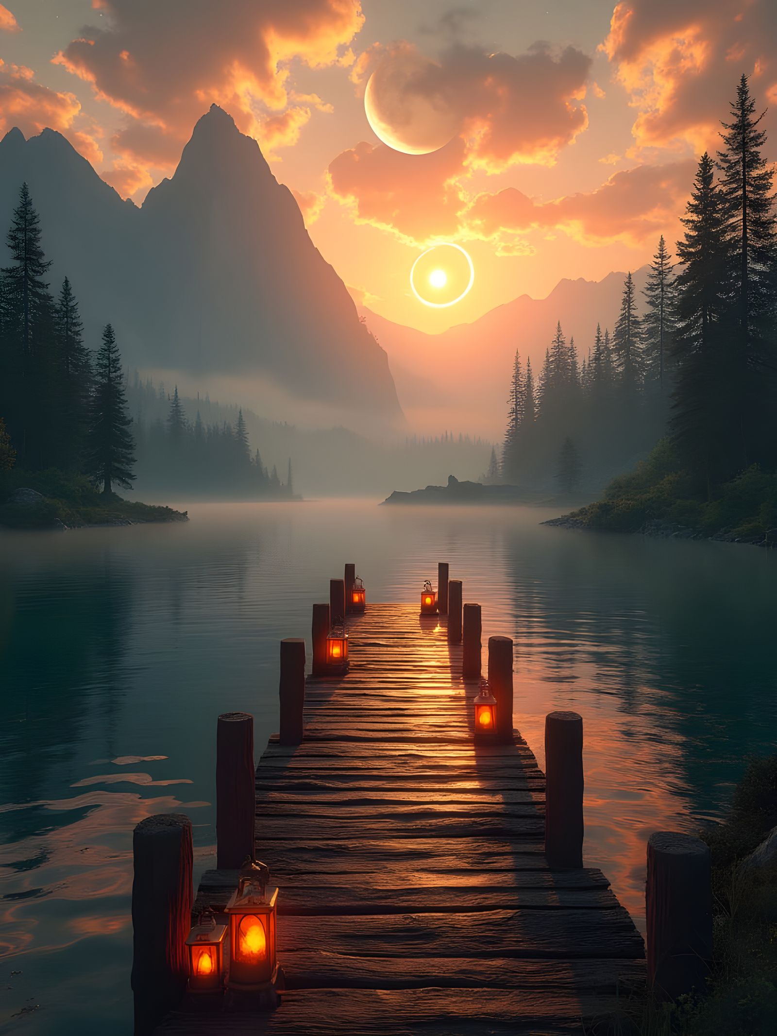 Ethereal Fantasy Sunset on a Majestic Lake, with a Wooden Do...