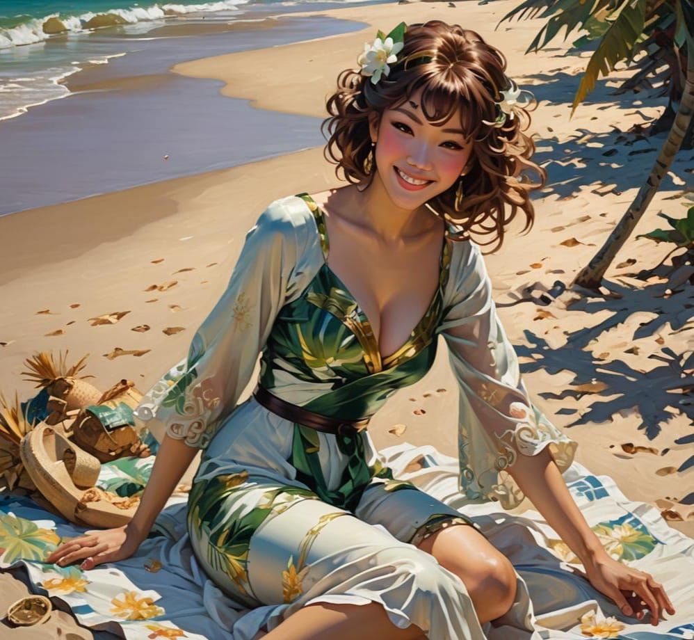 Beautiful smiling “tatsumaki” sunbathing on a tropical beach. Risqué and flirtatious pose while laying down. Daniel Gerh...