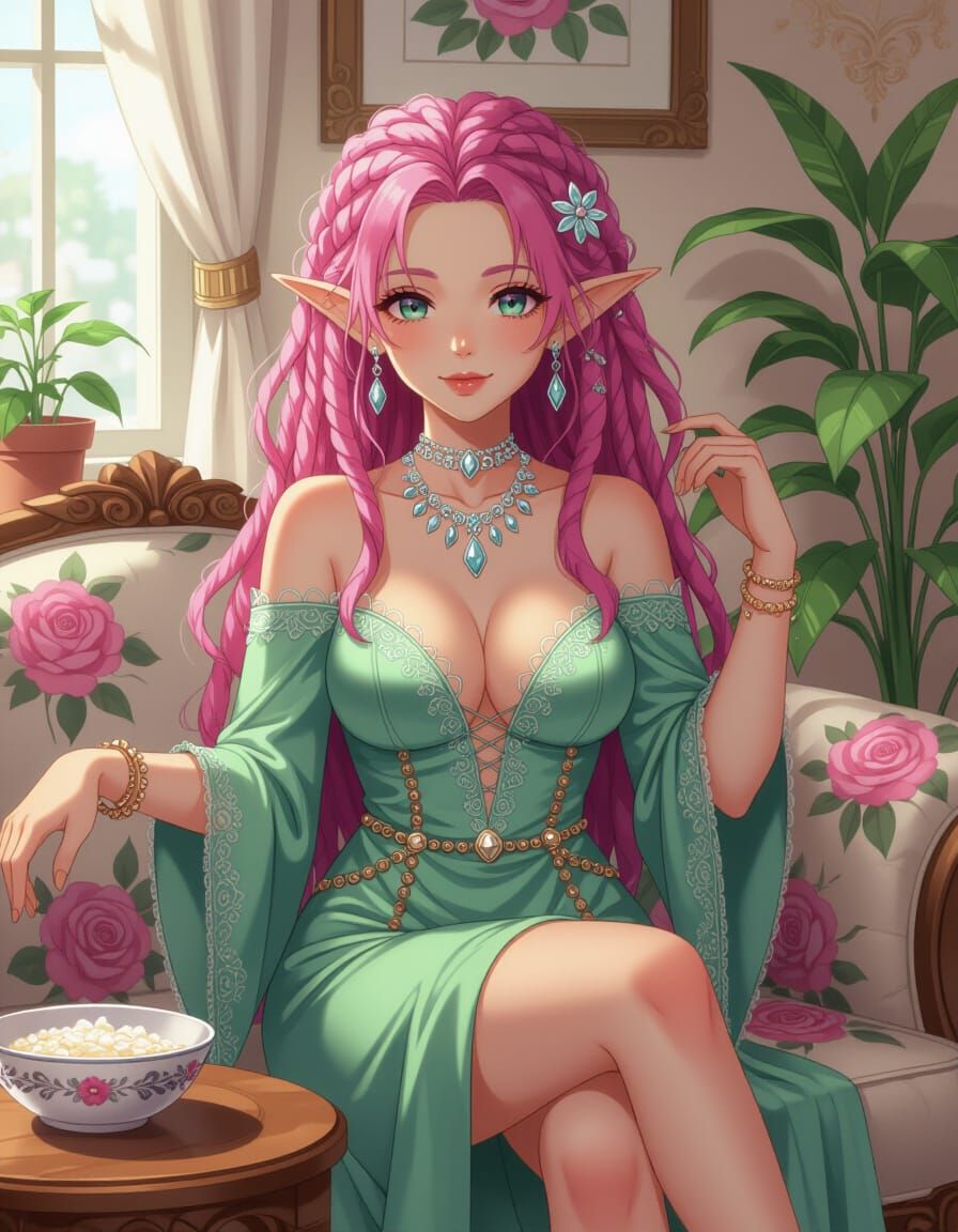Gorgeous Elf with Pink Dreadlocks in Anime Style