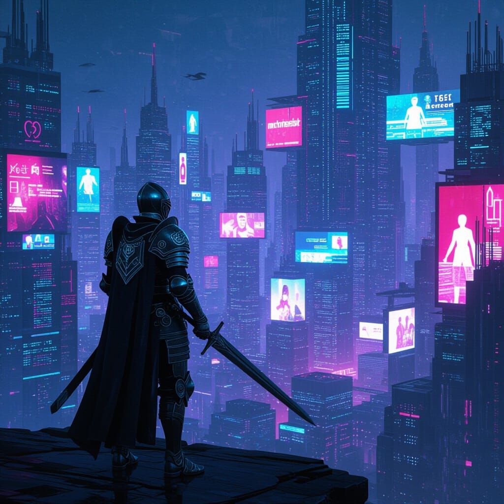 Knight Overlooking Neon Digital Metropolis