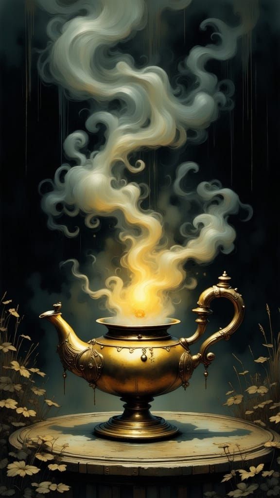 Mystical Genie Emerges from Golden Lamp in Dark, Atmospheric...