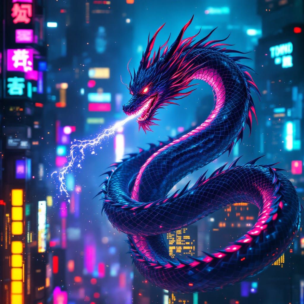 Obsidian Dragon Coiled Around Cyberpunk Tokyo Tower