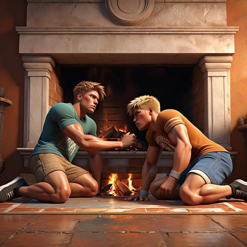 Muscular Teenage Friends Share Intense Moment by Cozy Firepl...