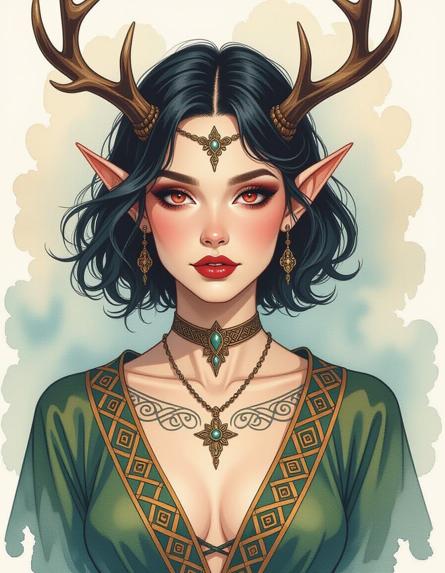 Ethereal Celtic Elf Princess Watercolor Painting