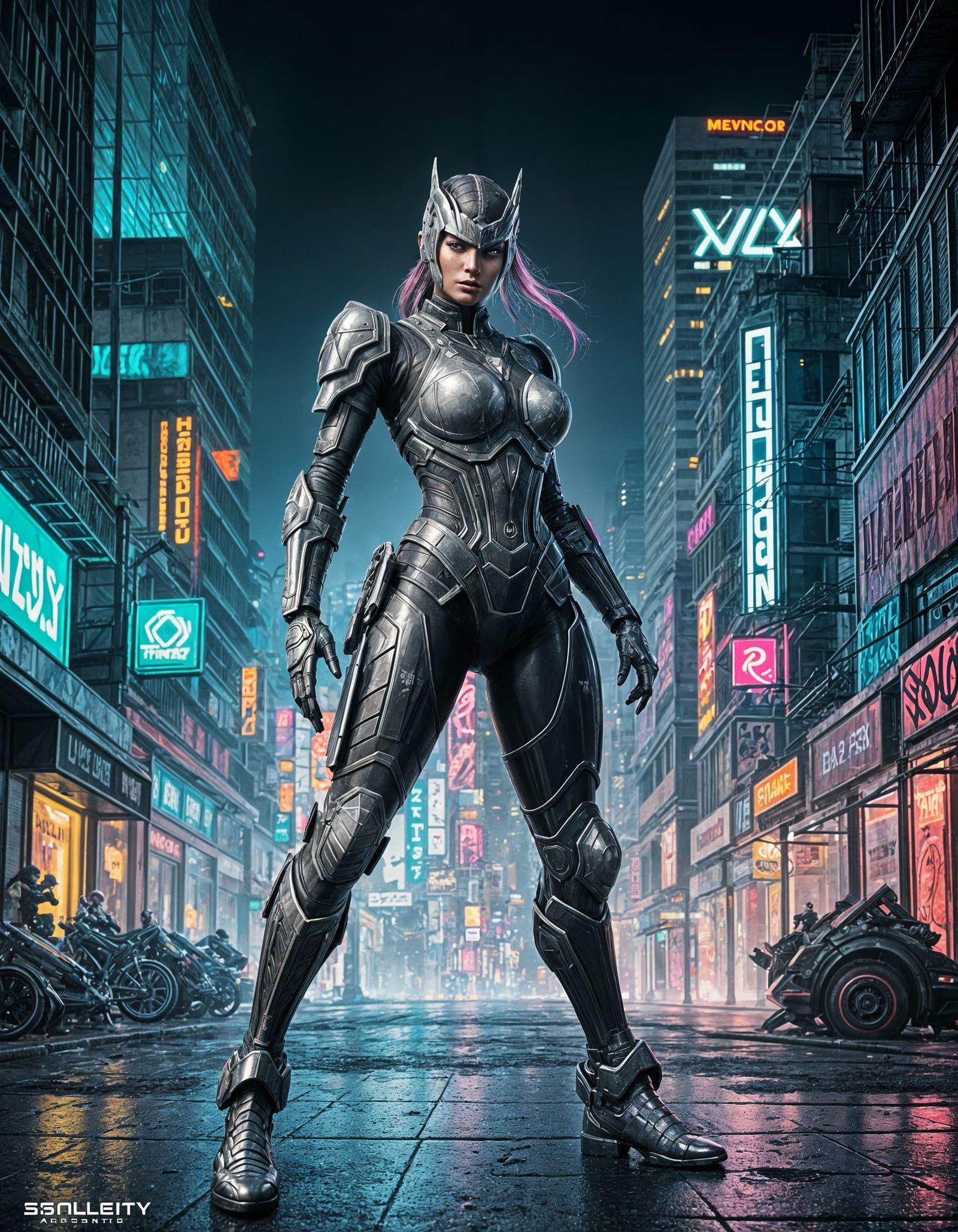 Cyberpunk Guardian in Neon City Streets