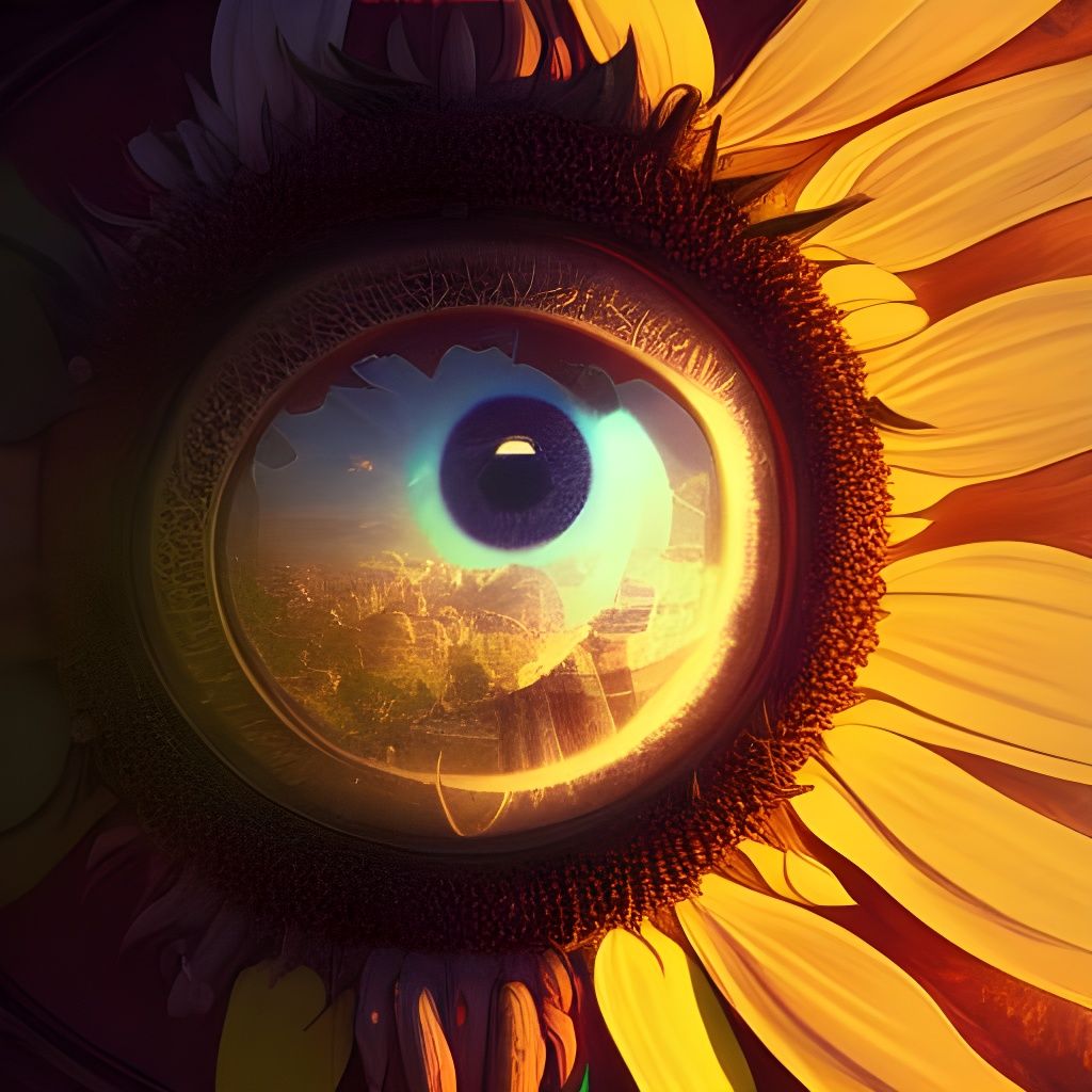 Sunflower's Eye Stares into Blue Sky, Detailed Digital Art