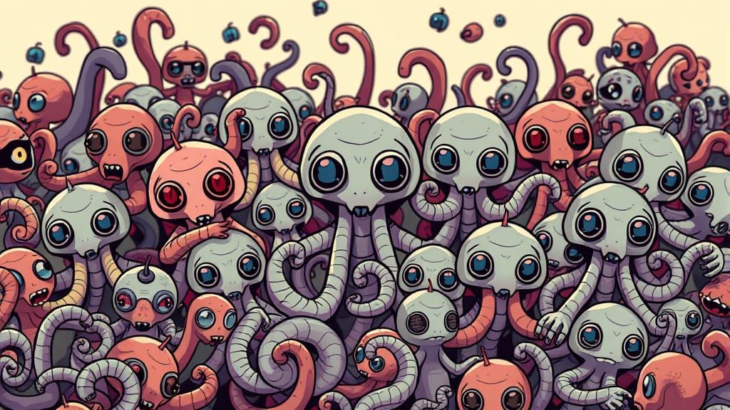 Whimsical Cartoon Collective in Muted Tones, Process Art Sty...