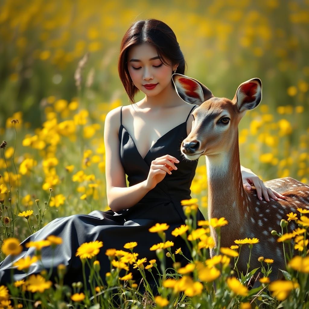 Elegant East Asian Woman in Sunny Meadow with Wildflowers an...