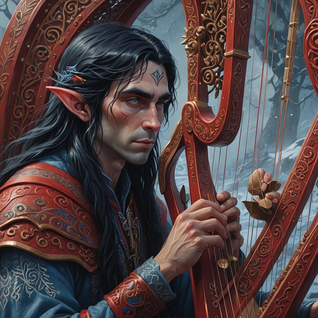 young male elf with very long black hair and blue eyes and s...