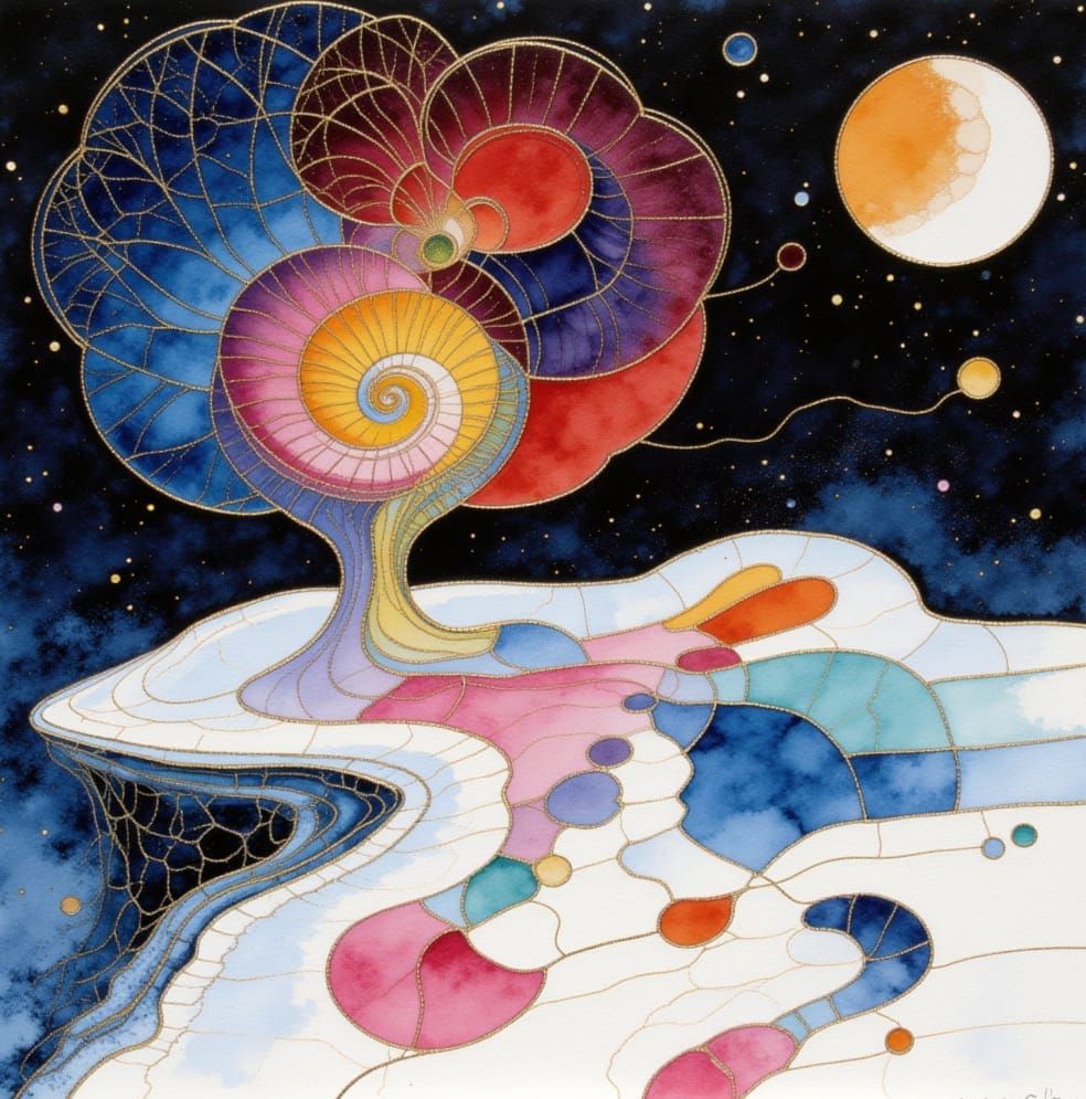 Abstract Watercolor Tree with Footprints in Snow