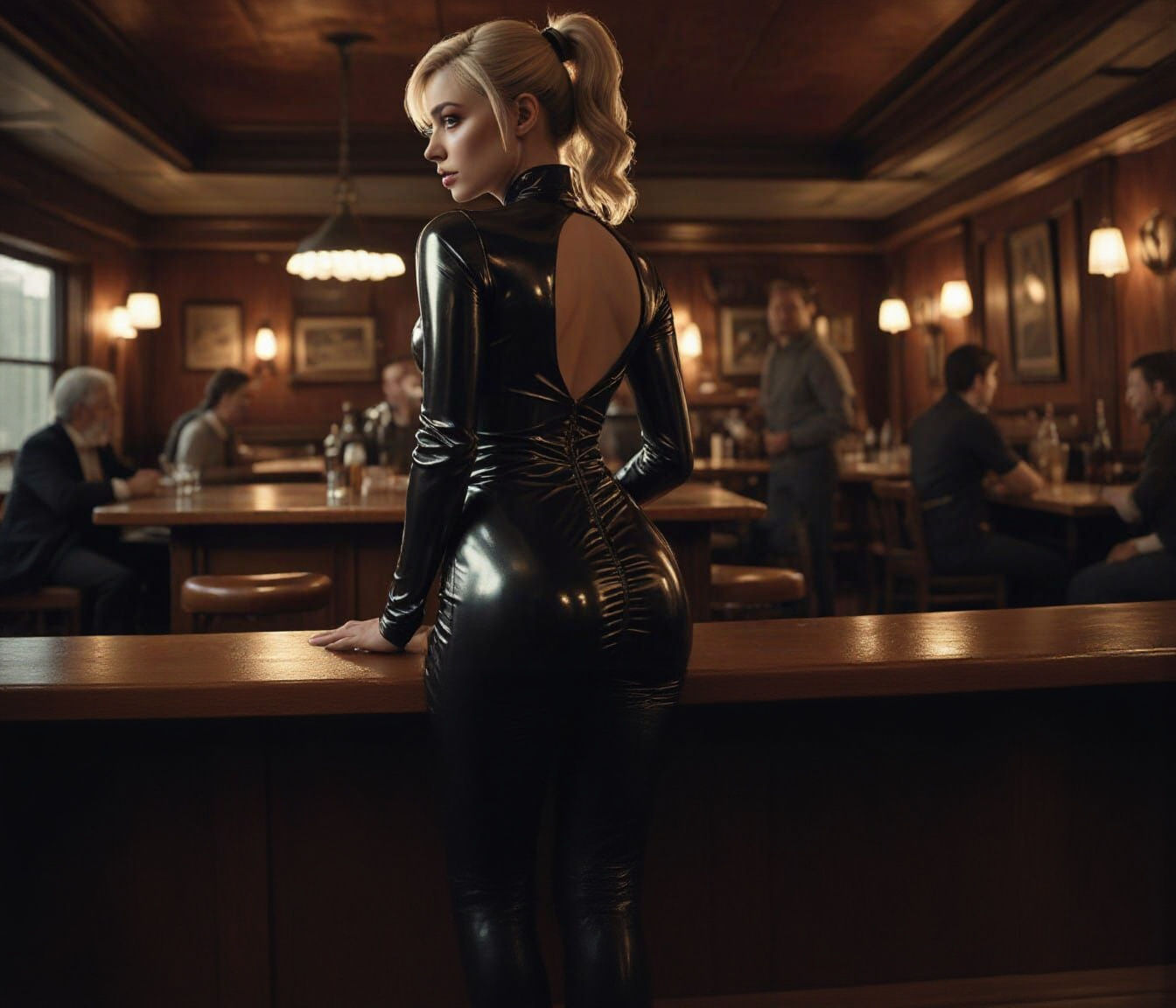 Woman in Latex Dress Stands Nervously in Dimly Lit Pub