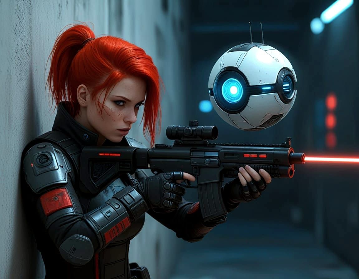 Futuristic Redhead Outlaw in Gritty Sci-Fi Scene