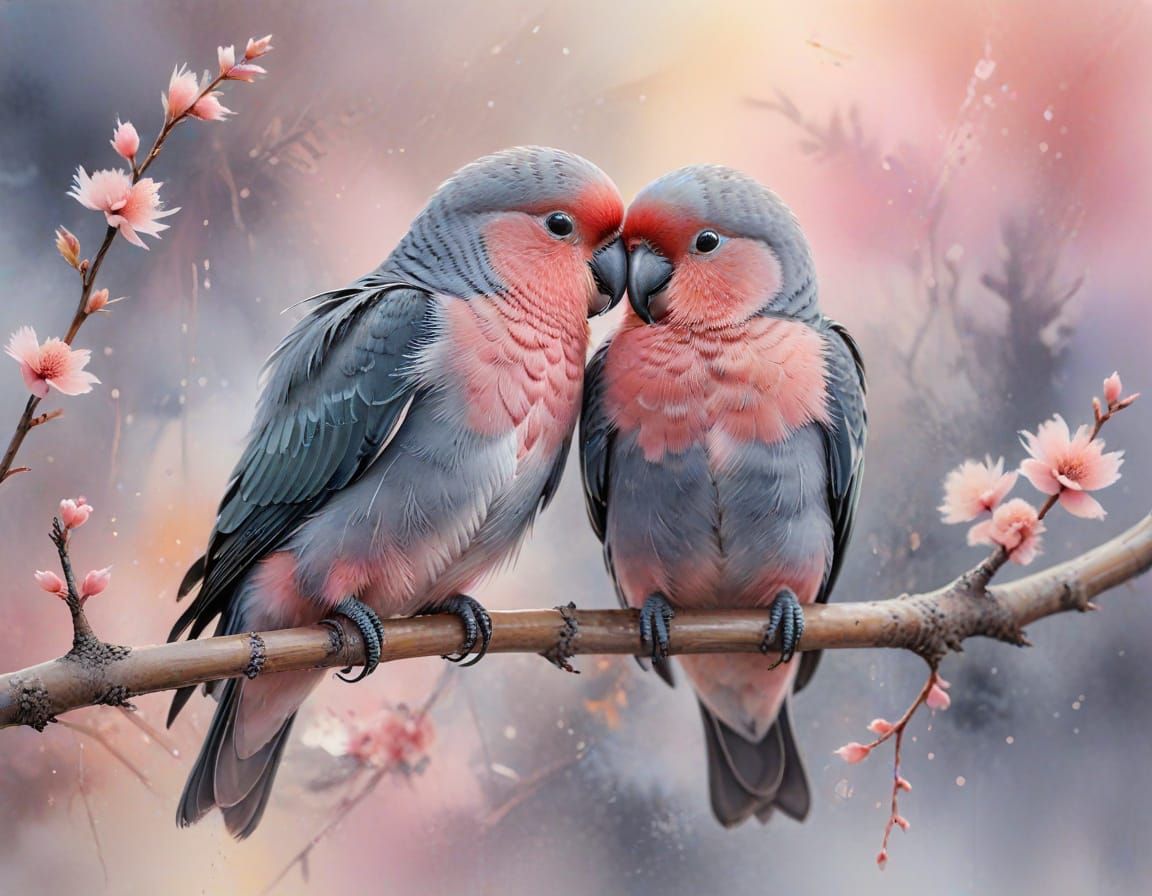 Lovebirds Cuddle: A Watercolour Painting in Pastel Hues