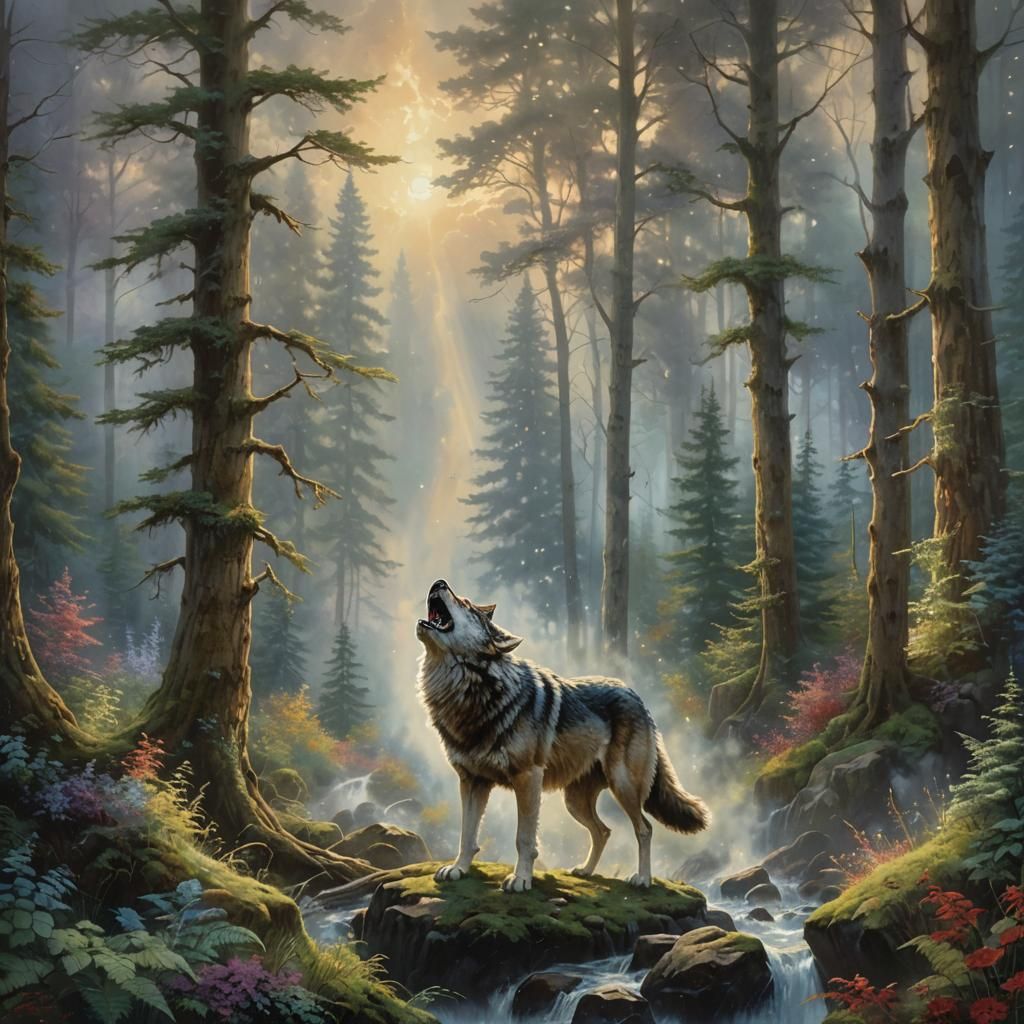 Wolf Roaring in Ethereal Forest