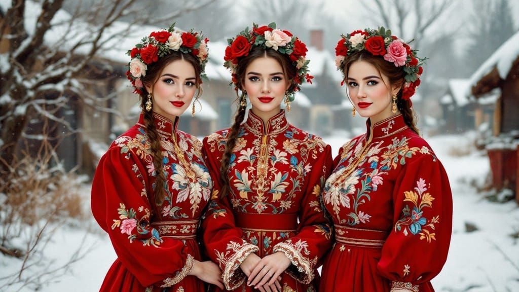 Traditional Ukrainian Women Celebrate Winter in Folkloric Sp...
