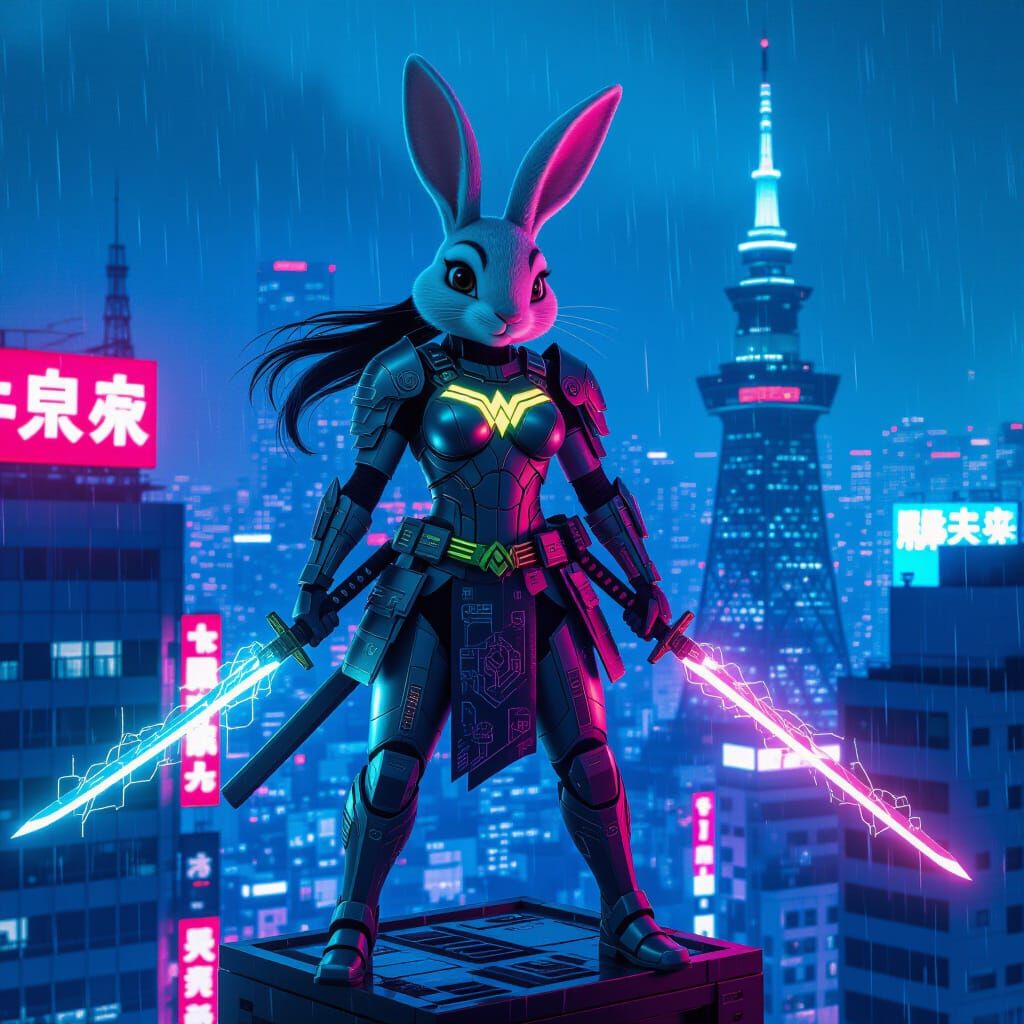 Cyberpunk Samurai Rabbit in Futuristic Tokyo