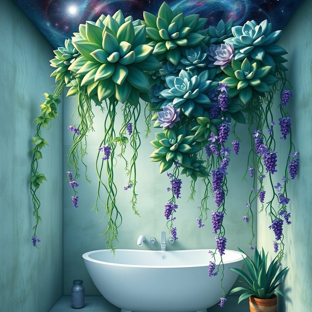 Surreal Succulent Oasis in Cosmic Bathroom
