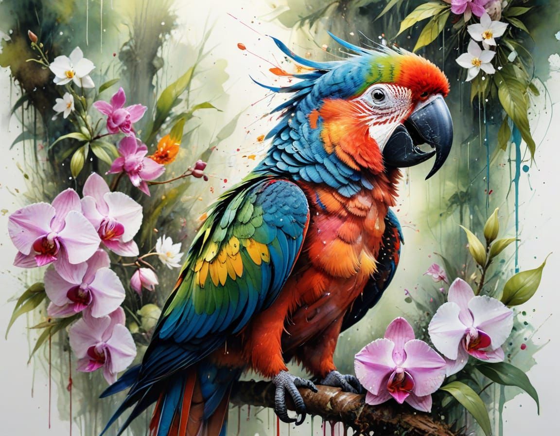 Radiant Parrot in Rainforest Watercolor Serenade