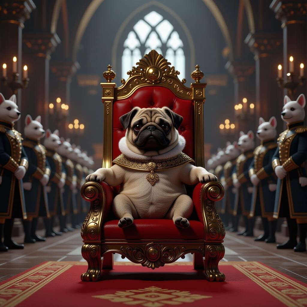 Royal Pug King on Golden Throne with Animal Servants