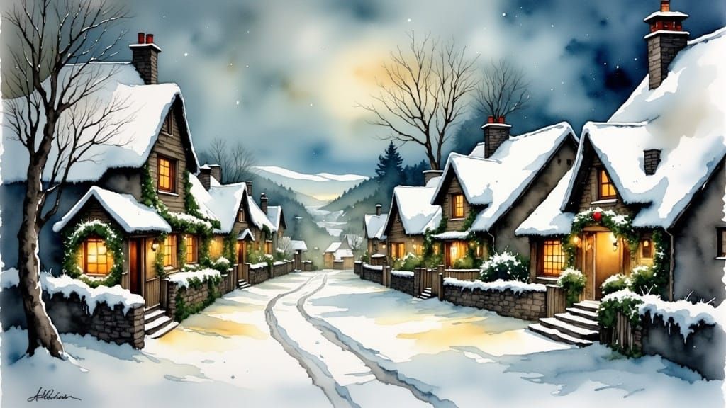 Christmas in Snow-Dusted Irish Village, Watercolor Style