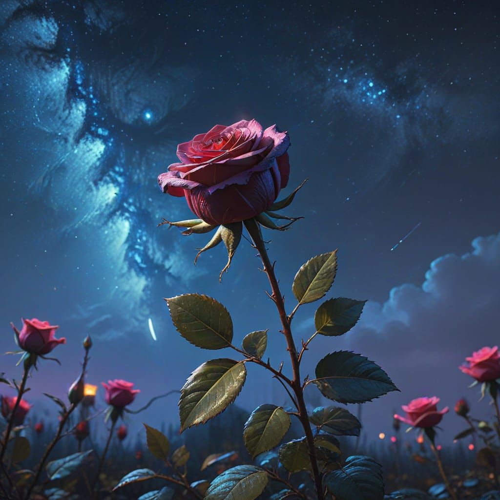 Magical Red Rose Blooms Under Starry Sky