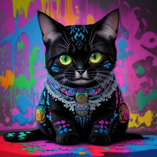 Colorful Sugar Skull Cat in Día de Muertos Graffiti Art