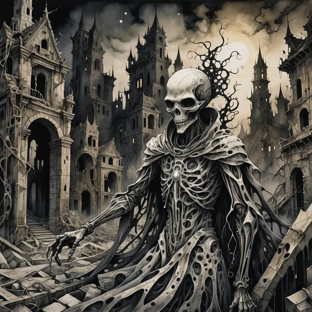 Eldritch Figure in Ruined Cityscape: Surrealist Painting