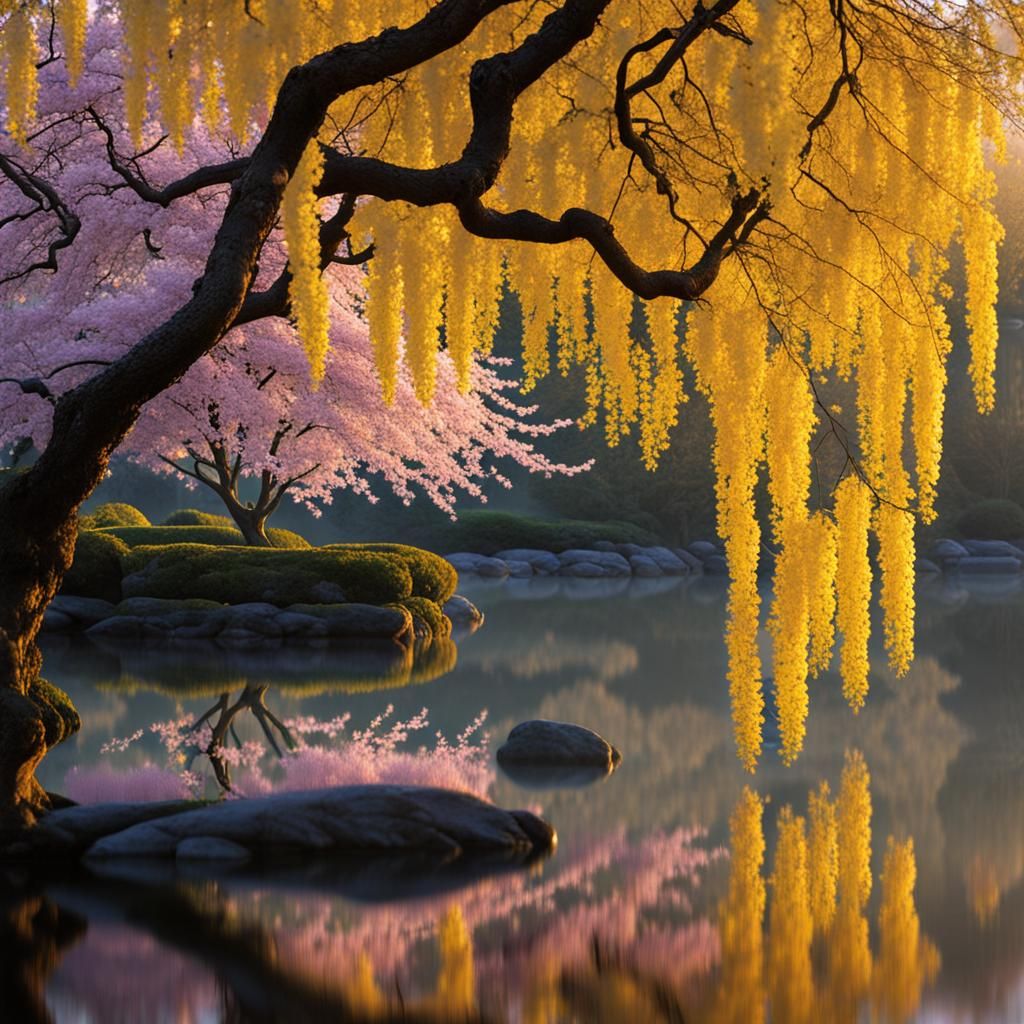 Cherry Blossoms and Wisteria at Dawn