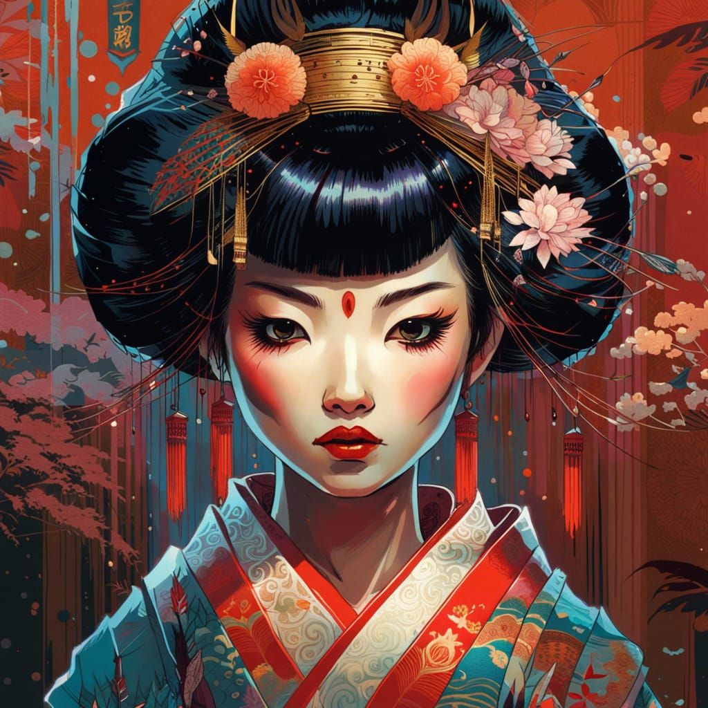 Detailed Geisha Portrait in Digital Painting Style