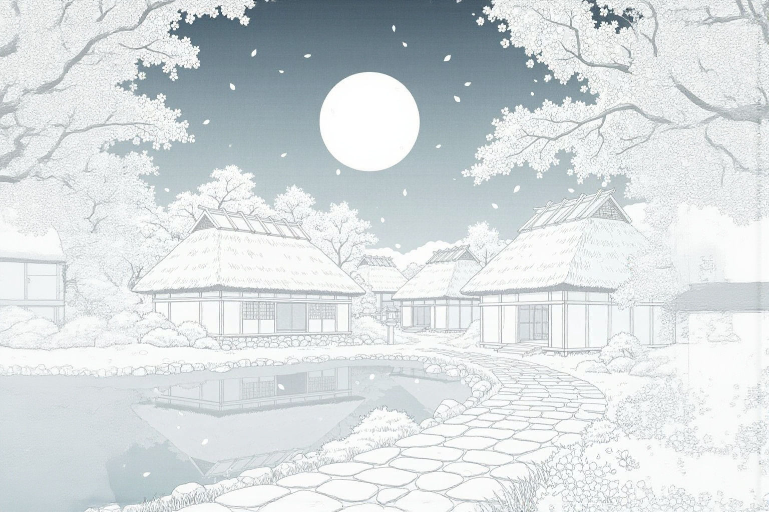 Moonlit Japanese Village by Tranquil Lake with Cherry Blosso...