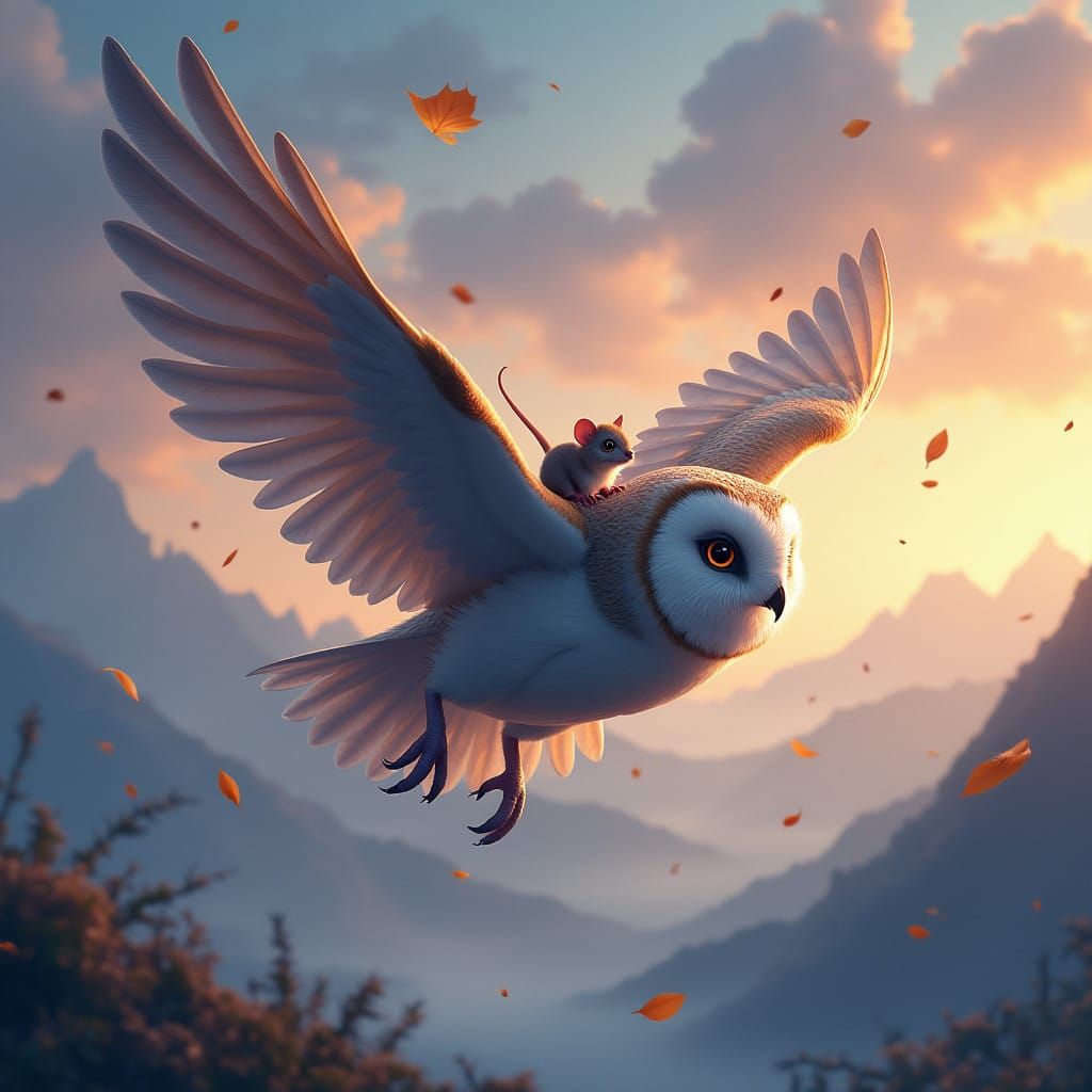 Majestic Owl in Flight with Tiny Mouse