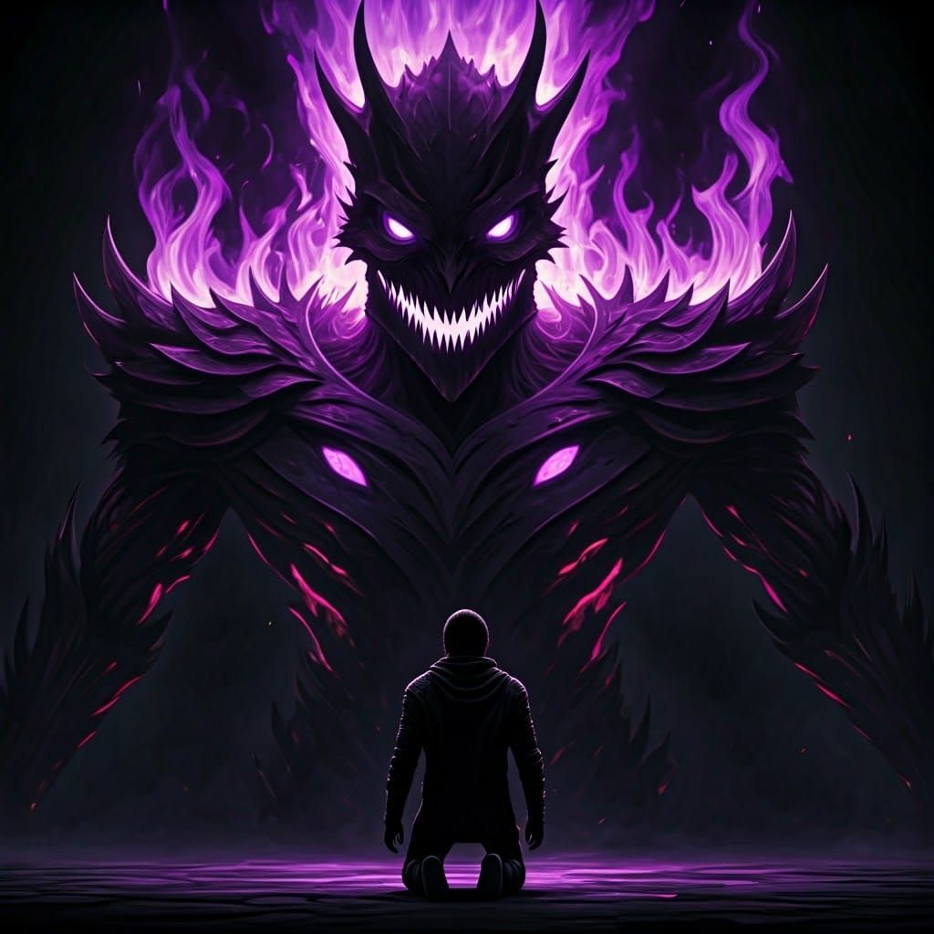 Inferno Judgment: Dark Silhouette in a Fiery Void