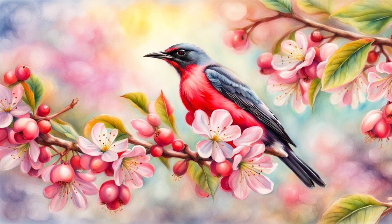 Starling in Crab Apple Blossoms Pastel Painting