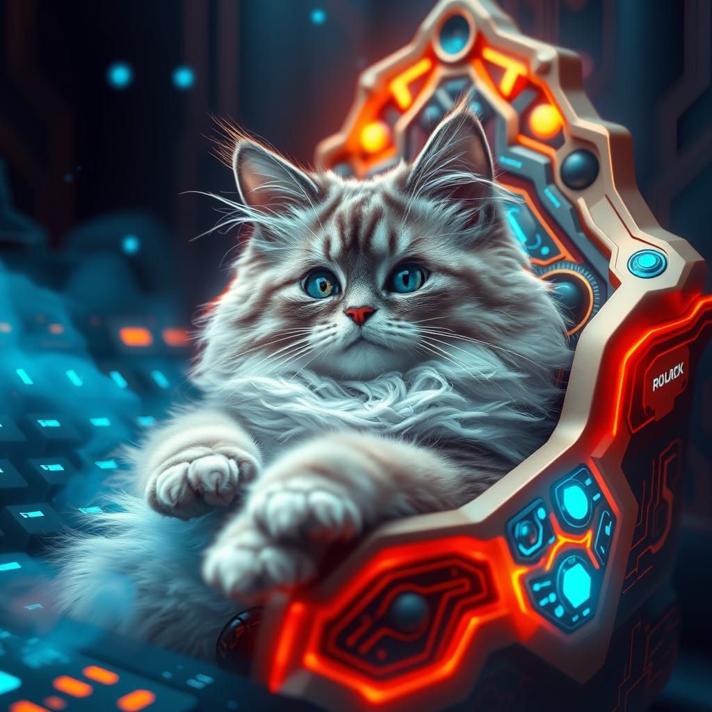 Majestic Ragdoll Cat in Cyberpunk Keyboard Throne