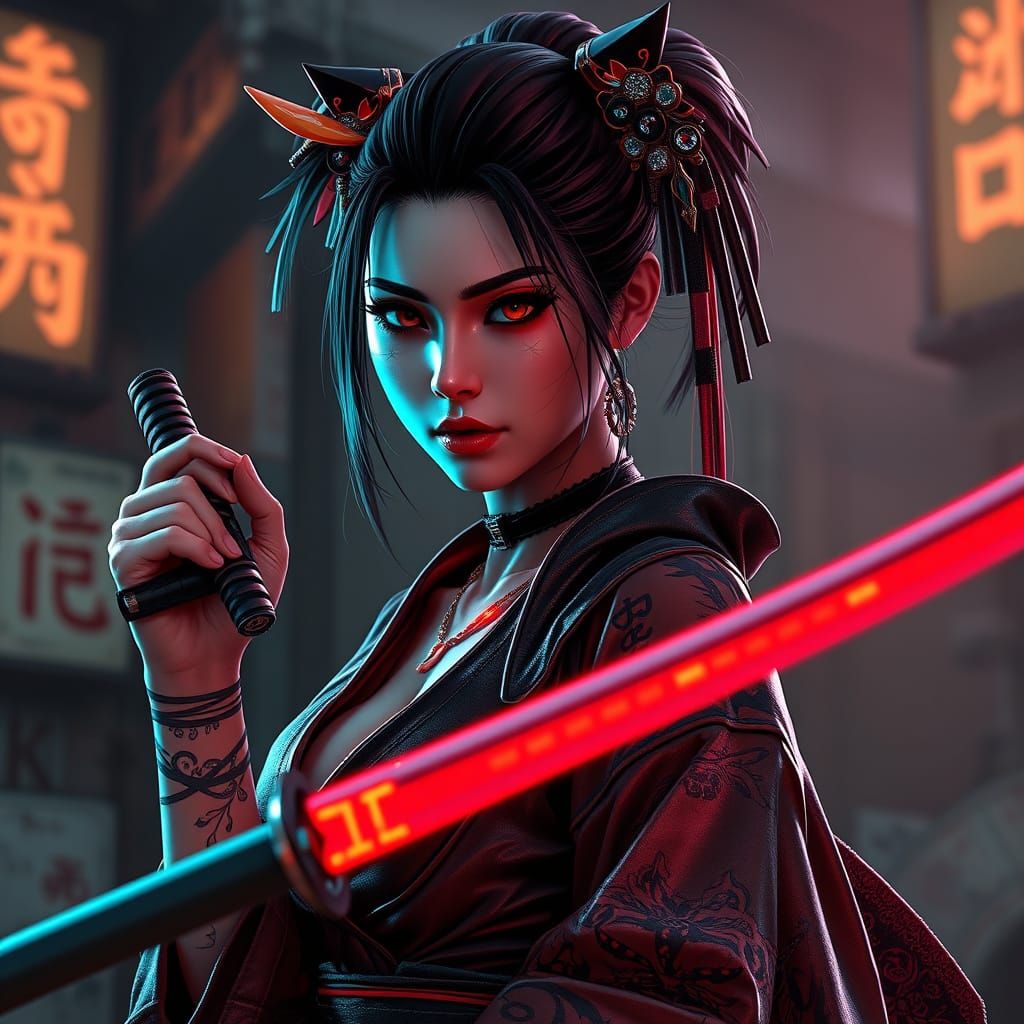 Cyberpunk Geisha with Katana in Photorealistic Anime Style