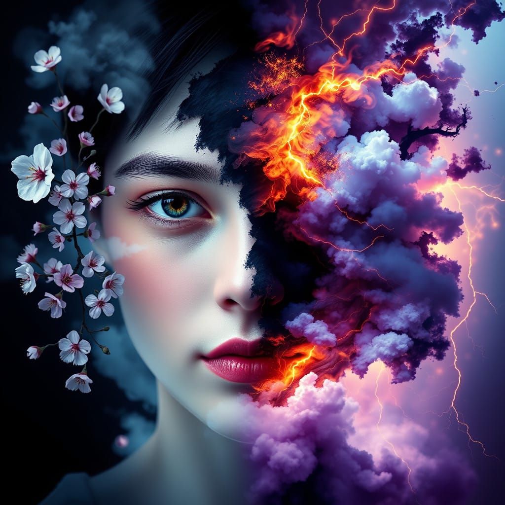 Surreal Double-Exposure Portrait of Inner Psyche in Harmony