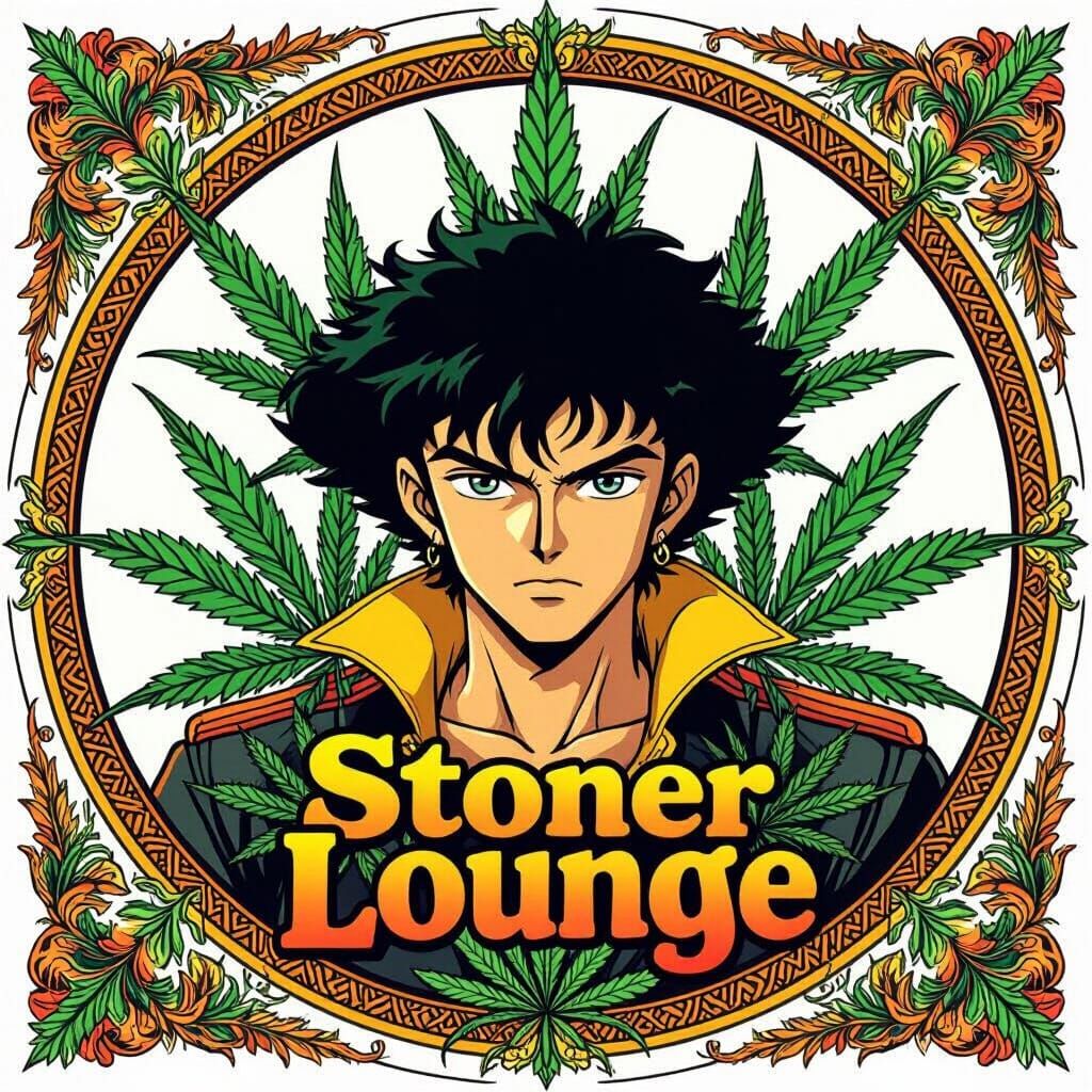 Spike from Cowboy Bebop Surrounded by Cannabis Leaves