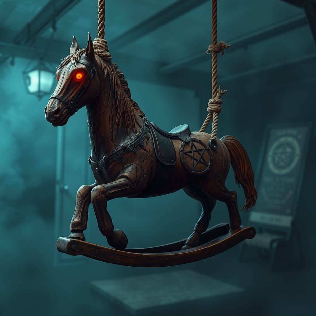 Cursed Swinging Horse in Foggy Room