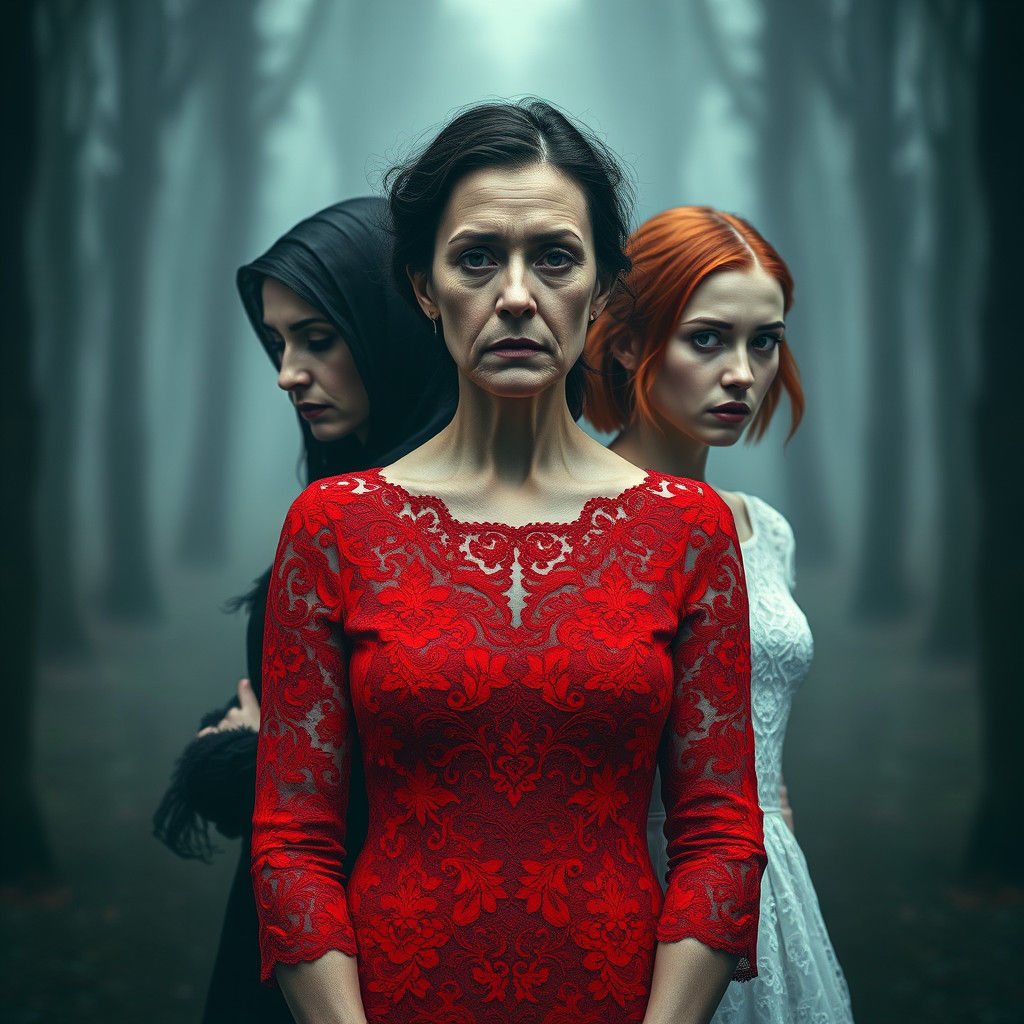 Three Women in Triangular Formation with Contrasting Emotion...