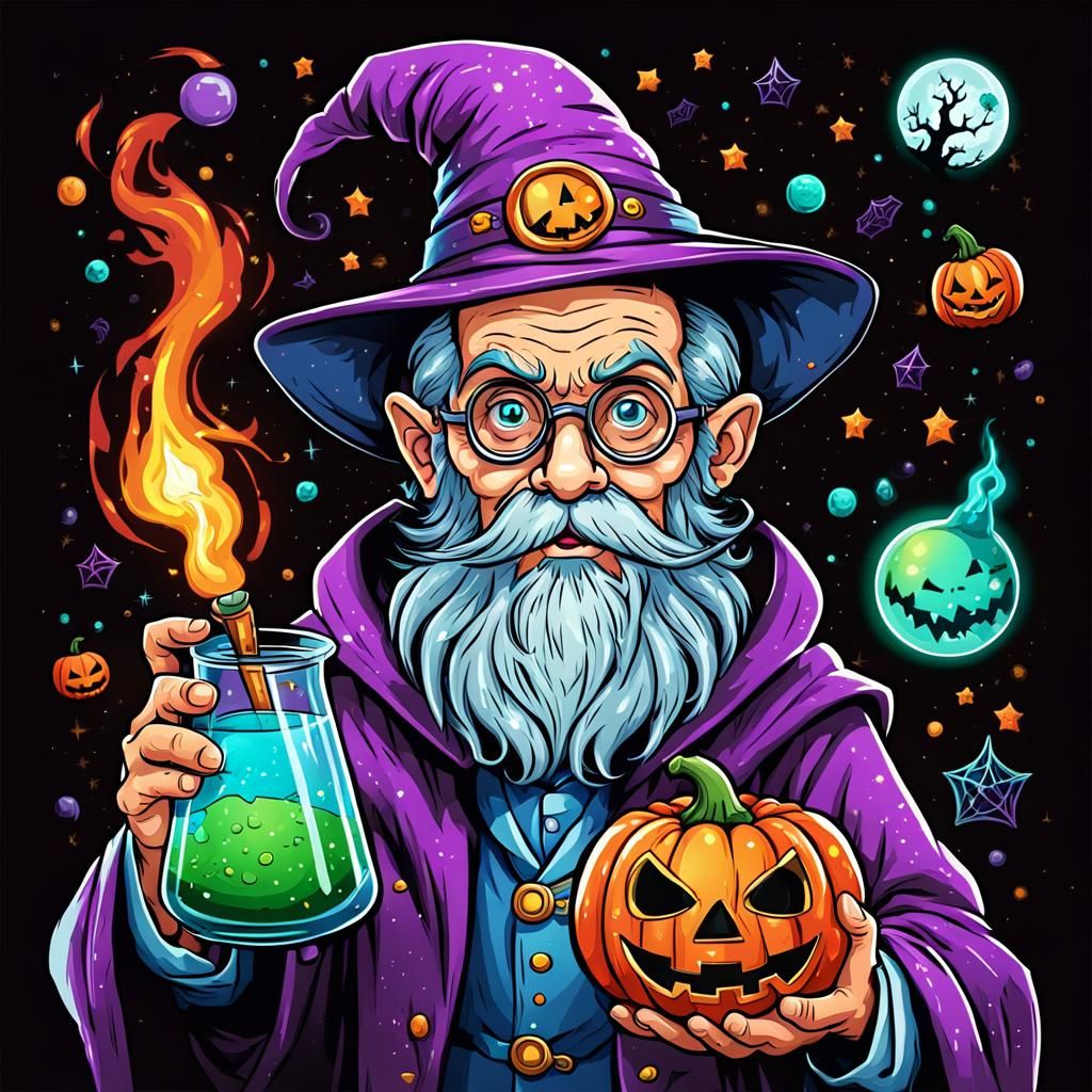 Whimsical Halloween Wizard Scientist in Comic Style