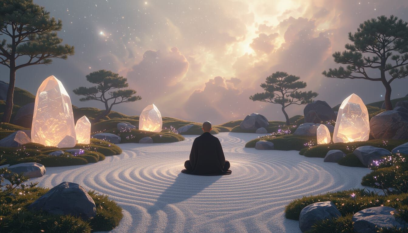 Alien Zen Garden with Bioluminescent Flora, Cosmic Surrealis...