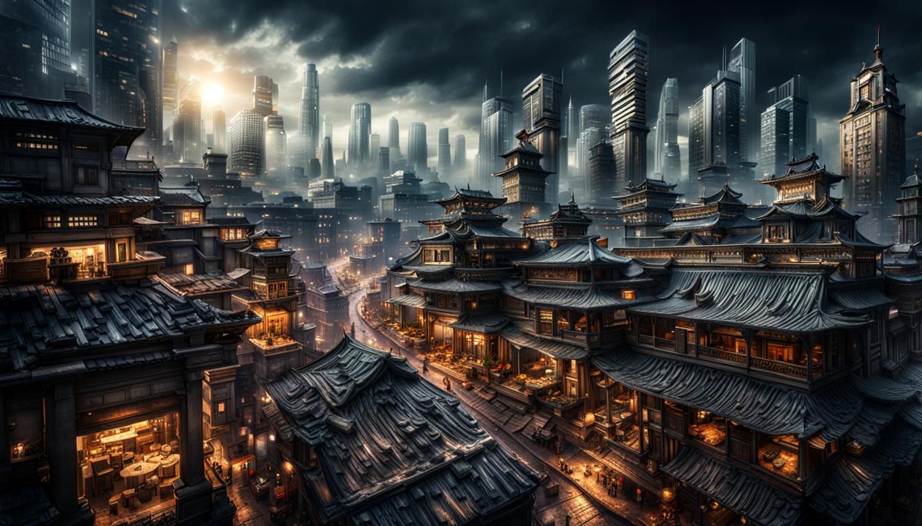 Hyperrealistic Cityscape with Contrasting Elements